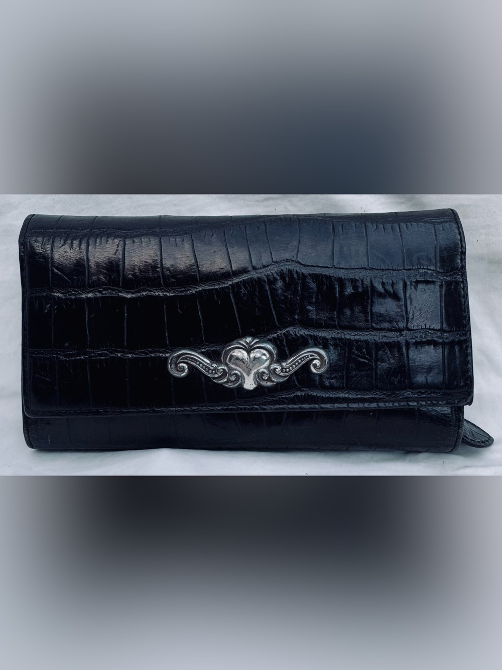 Brighton Black Croc-Embossed Leather Wallet with Silver Scroll Trim
